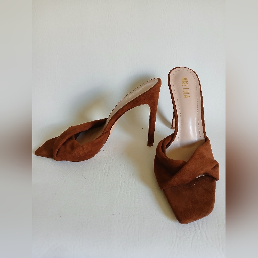 Miss Lola Rust Suede Mule 4 Inch Heels Open Square Toe Worn Once